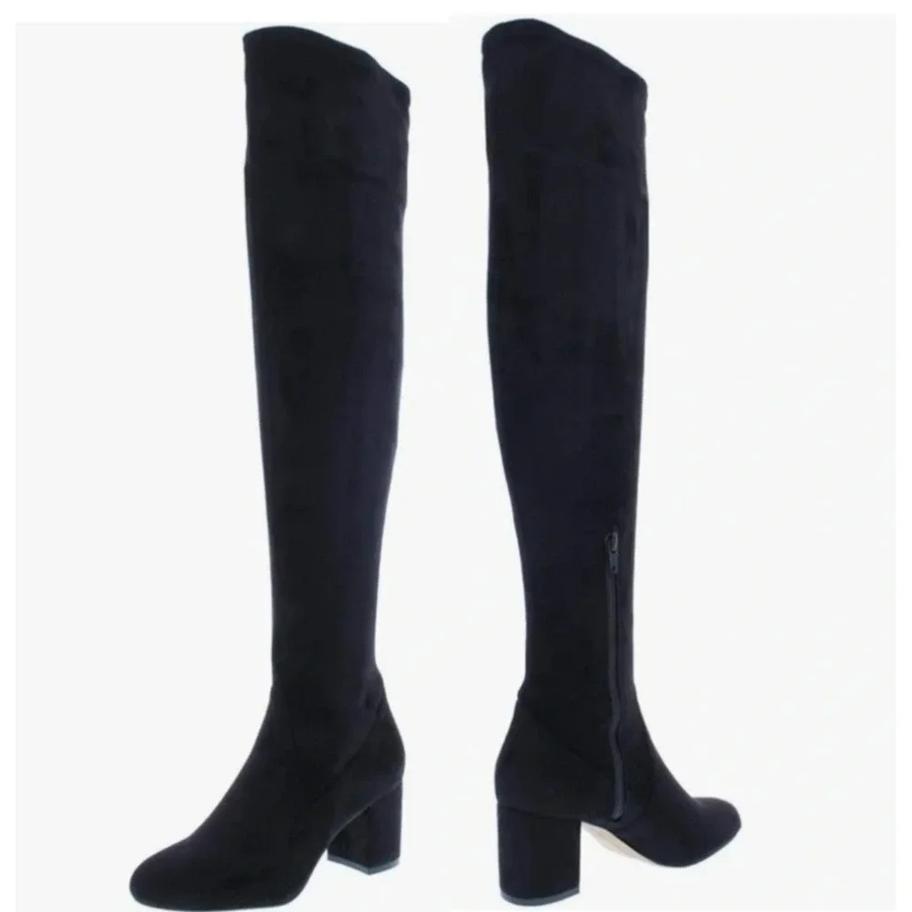INC Over The Knee Boots Black Stretch Velvet Side Zip Chunky Heel Women 6M